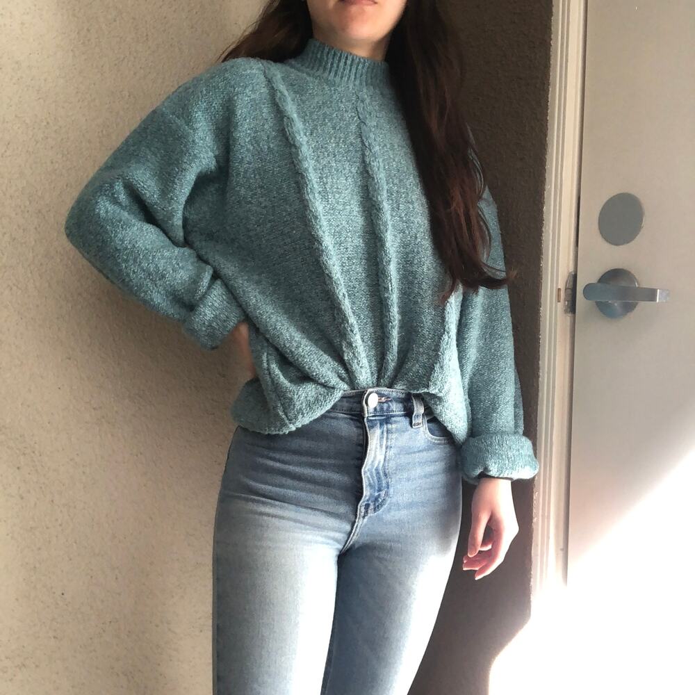 Vintage teal turquoise blue cable knit mock neck cozy sweater large